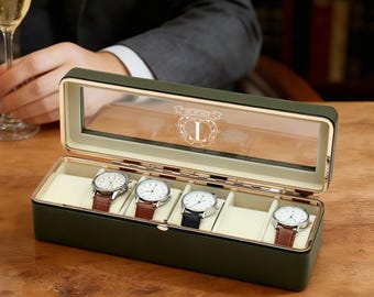 Watch Box Personalized - Watch Display Case for 6 Watches, Vegan Leather Watch Box, Father's Day Gifts