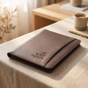May include: A brown leather portfolio case featuring a debossed design of a scale of justice icon, laurel branches, and the text "Jerrica Mending - Lawyer". The rectangular folder has a smooth, matte finish and a diagonal front pocket flap.