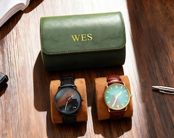 Personalized Leather Watch Roll – Green PU Leather Watch Case, Travel Watch Case, Father's Day Gift