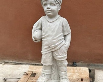 Lawn boy statue Child garden figurine Football player decoration Concrete child art Realistic child sculpture Boy outdoor figure