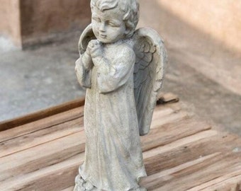 Garden angel ornament Religious home decor Cherub stone sculpture Angel boy statue Concrete cherub art Outdoor praying angel decoration