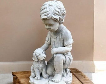 Boy with dog sculpture Concrete boy statue Best friends decoration Stone puppy figure Garden statue Pet owner gift
