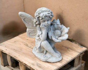 Garden pixie figure Outside fairy decoration Pixie stone idea Elf concrete ornament Yard fantasy sculpture Lawn fairy art Pixie with flower