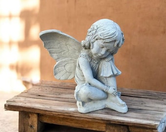 Outside pixie sculpture Stone elf decoration Yard fairy art Concrete pixie ornament Lawn elf figurine Garden pixie statue Sitting fairy
