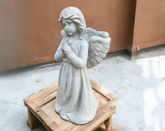 Concrete angel figure Garden religious decor Yard cherub art Lawn angel ornament Stone angel girl Outdoor religious statue Home angel idea