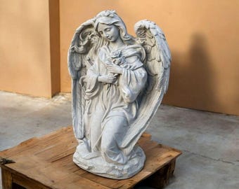 Angel girl statue Outside religious idea Concrete cherub art Stone angel ornament Home religious figure Garden cherub decor Lawn angel style