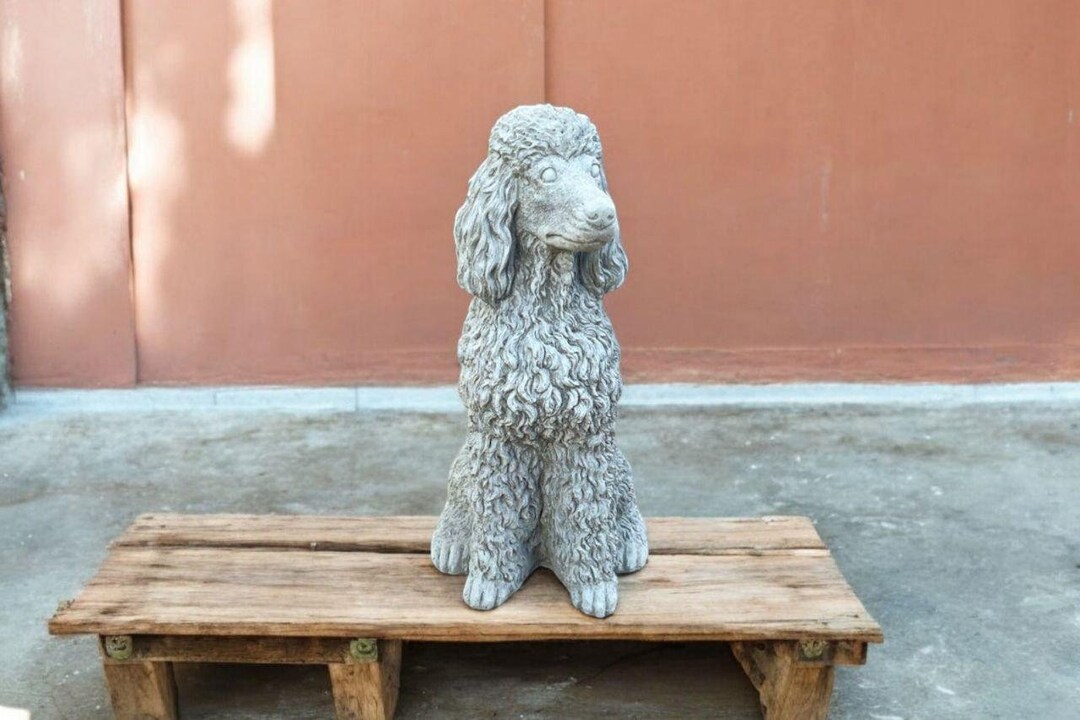 Concrete poodle art Poodle dog breed statue Stone dog owner gift Sitting poodle sculpture Home pet ornament Garden poodle decoration