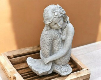 Outdoor mermaid sculpture Yard fantasy ornament Mermaid garden figure Concrete sirena decor Fantastic sea lawn idea Stone mermaid art