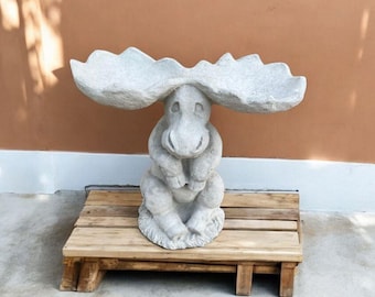 Sitting moose figure Concrete bird feeder Large moose sculpture Deer antlers bird feeder Animal yard decor Wild moose decoration
