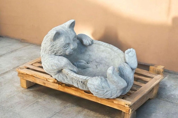 Concrete cat bowl sculpture Backyard bird bath Stone kitten decor Cat garden art Outdoor bird drinker Lawn pet ornament Cat bird bath idea