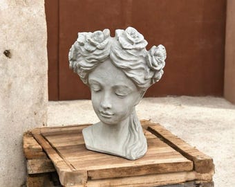 Girl bust decoration Concrete head planter Girl figure Stone plant pot Head with flowers Bust sculpture Lady with flowers in hair