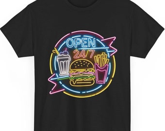 Open 24/7 Neon Sign T-Shirt, Retro Diner Graphic Tee, 80s Burger, Fries, Milkshake Shirt, Neon Lights Design, Vintage Roadside Diner Tee