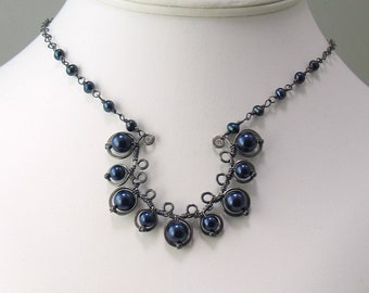 Silver Metalwork Pendant with Navy Blue Crystal Pearls, Deep Midnight Pearls and Antiqued Silver, Rustic Filagree Necklace with Silver Chain