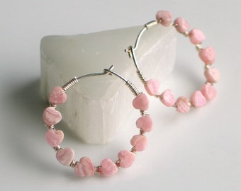 Pink Stone Heart Sterling Hoops, Tiny Lacy Rhodochrosite Hearts Bound to Handmade Silver Hoops, Mothers Day Gift, Unique Gift for Her