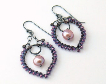 Pink Freshwater Pearl Statement Earrings, Beaded Pearl Hoops, OOAK, Ready to Mail Prom Wedding