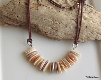 Natural Mother of Pearl Focal, Long Modern Pendant, Designer Fringe Bib, Cross Season Fashion, Neutral Colors