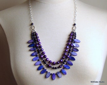 Purple Pearls Layered Necklace, Beadwork Bib in Deep Royal Purple, Dark Amethyst Purple Long Necklace, Handmade Artisan Original