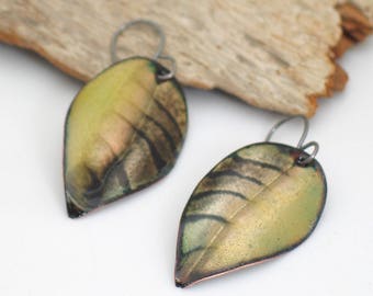 Leaf Earrings Yellow & Dark Brown, Striped Copper Dangles, Vitreous Enamel Leaves, Deluxe Original Gift for Her, Ready to Mail