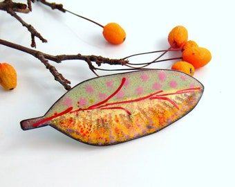 Yellow Copper Enameled Big Art Pin, Colorful Brooch, Original Leaf Jewelry, One of a Kind Vitreous Enamel Lapel Pin, WillOaks Studio