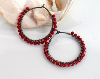 Dark Red Hoop Earrings, Red Coral Beaded Hoops, Oxidized Sterling Beaded Hoops, Fashion Forward, Color Pop, Cross Seasons, Red and Gray