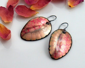 Pink and Gold Enamel Leaf Earrings, Original Design Art Jewelry, Copper Enamel Handmade Dangles, WillOaks Studio, Unique Gift for Her