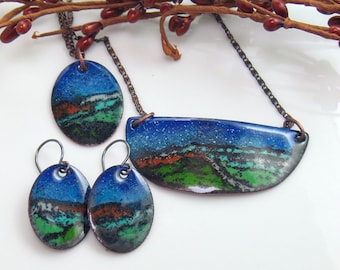 Night Sky Landscape Jewelry Collection, Copper Enameled Pendants & Earrings, Mix Match, Ready to Mail, WillOaks Studio Deluxe Art Jewelry