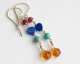 Bright Long Dangle Earrings in Gold and Primary Colors, Ruby Lapis Turquoise Crystal on GF Wire, Bohemian Fashion