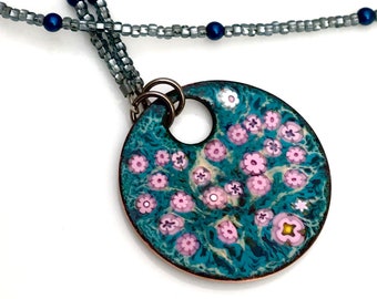 Enameled Pendant, OOAK Art Jewelry, Copper Enamel, Pink Flowers on Dark Teal, Long Beaded Chain, Bright Garden, Kiln Fired Vitreous Enamel