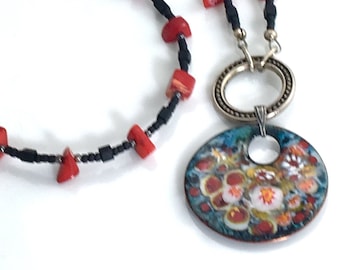 Copper Enameled Art Jewelry, Bright Colorful Flower Garden Pendant, Kiln Fired Glass Enamel Necklace, Handmade Pendant on Long Beaded Chain