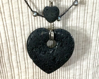 Big Lava Stone Heart Pendant, Long Diffuser Necklace, Essential Oil Jewelry, E O Jewelry for Her, Big Black Heart Pendant E O Gift for Her