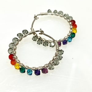 Yoga Chakra Crystal Wrapped Sterling Hoop Earring, Yoga Jewelry, Rainbow Colors, Full Spectrum, Conscious Fashion image 1