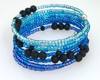 Blue Ombré Glass & Black Lava Stone Cuff Bracelets for Essential Oils, Beaded Memory Wire Bracelets, Rustic Boho, Lava Stone Jewelry