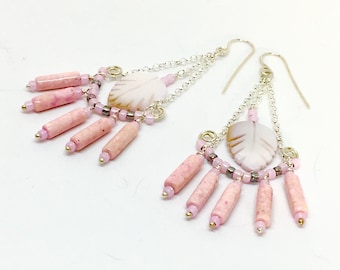 Long Pink Statement Earrings, Boho Chandeliers with Mother of Pearl & Silver Dangles, Handmade Hippie Earrings, Ready to Mail Artisan Gift