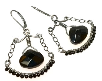 Black Chandelier Earrings with Czech Glass, Oxidized Silver Beaded Dangles, Ornate Hippie Hoops, Artisan Originals by WillOaks Studio