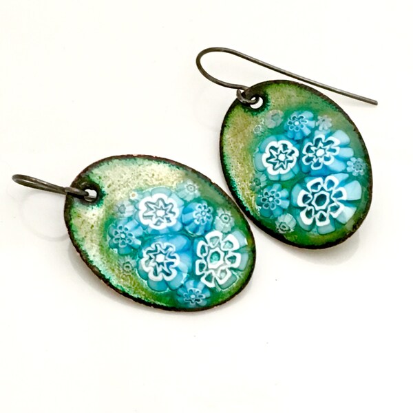 Soft Teal Blue Copper Enamel Earrings, Blue & White Flower Dangles, One of a Kind Artisan Handmade Earrings, Original Gift for Her