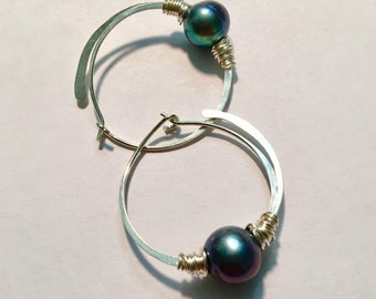 Sterling Silver Hoops and Large Freshwater Pearls, Hand Forged Hoop Earrings with a Flourish, Modern Artisan Pearl Earrings