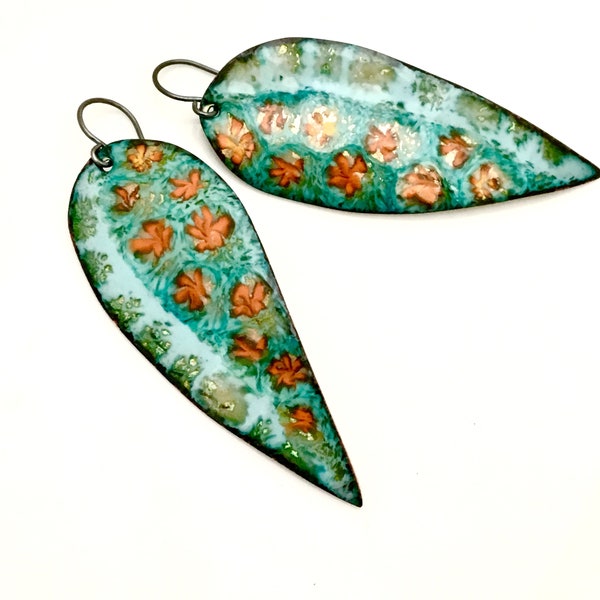 Long Enameled Earrings, Turquoise Flower Dangles, Beautiful Color, Original Gift for Her, Art Earrings, Artisan Handmade, Copper Enamel