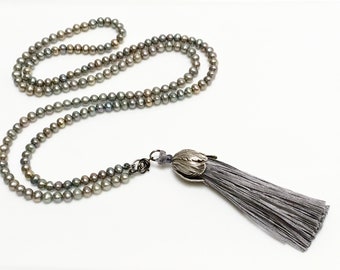 Silver Gray Freshwater Pearls, Long Layering Necklace and Silk Tassel Pendant, Handmade Silk Focal, Beaded Wrap Chain, Boho Trend