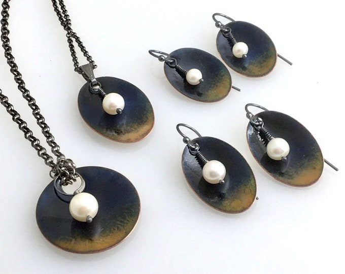 Featured listing image: Twilight Moonrise Series, Copper Enameled Jewelry with White Freshwater Pearls, Dark Blue Enamel Earrings & Pendant, WillOaksStudio