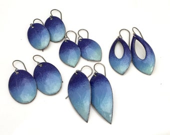 Blue Sky Enameled Earrings, Gradient Sky Collection, 5 Shapes & Sizes, Sky Watching, Blue Ombré Dangles, Oxidized Sterling Earwires