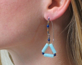 Navy and Aqua Blue Triangle Dangles, Amazonite & Mixed Metal Lapis Lazuli Earrings, Geometry Spring Trend, Artisan Gemstone Fashion Earrings