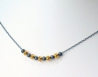 Gold Beads on Dark Chain, Fine Oxidized Sterling Silver Chain with Gold and Dark Beads, Layering Chain, Edgy and Feminine, Minimal Fashion