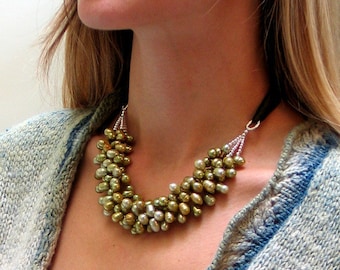 Moss Green Statement Necklace, Textured Green Pearl Bib Necklace on Silk Ribbon, Pearl Cluster and Sterling Silver