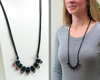 Black Glass Bib on Long Satin Cord, Contemporary Necklace, Art Glass Bib, Contemporary Fashion Trend, Basic Minimalist Long Necklace