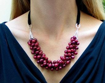 Red Pearl Necklace, Ruby Red Freshwater Pearl Bib, Fashion Pearl Necklace, Designer Pearls