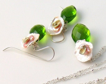 Keishi Pearls and Peridot Green Jewelry Set, Pearl Flower Pendant & Earrings Set, Layered Necklace, Botanical, Wedding, Artisan Made