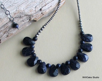 Navy Blue Goldstone Necklace on a Special Silver Chain, Navy Blue Bib Necklace, Blue Stones and Sterling Silver, Unique Gift for Mom