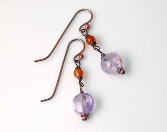 Amethyst and Citrine Dangle Earrings, Lavender and Golden Handmade Drop Earrings, Wire Wrap Copper Earrings