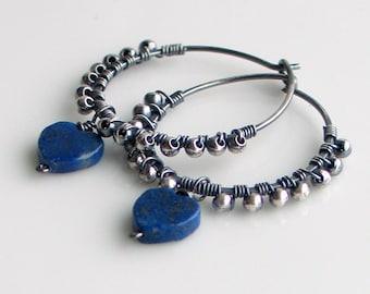 Blue Lapis Lazuli Heart Hoops, Handmade Oxidized Silver Textured Hoop Earrings, Natural Lapis Hearts Earrings, Blue Heart Earrings