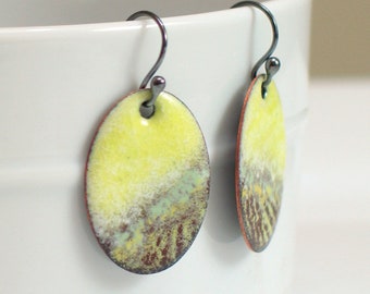 Chartreuse Sky Over Fields Impression,  Vitreous Enamel ,  Inspired by Nature, Wearable Art Jewelry, WillOaks Studio